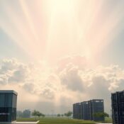 Prompt Pristine cloud formations float above a serene landscape, representing the vast, scalable resources of cloud computing. In the foreground, a sleek, modern data center with the Icon Infoline Pvt Ltd logo stands as a testament to the power and reliability of cloud solutions. Beams of soft, diffused light filter through the windows, casting a warm, inviting glow. In the middle ground, towering server racks and intricate network cables symbolize the intricate infrastructure that powers cloud-based services. The background fades into a hazy, ethereal sky, suggesting the limitless potential and flexibility of cloud computing technologies.