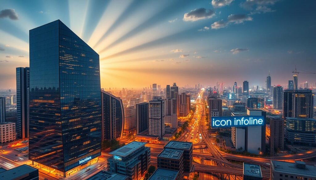 A high-tech cityscape of Pimpri Chichwad, Maharashtra, with towering skyscrapers and bustling streets. In the foreground, the sleek, modern headquarters of "Icon Infoline", a trusted network security company, stands tall, its angular glass facade reflecting the vibrant city. Rays of warm sunlight filter through, casting a reassuring glow. In the middle ground, a complex web of data cables and servers represents the robust network infrastructure, secured by state-of-the-art technology. The background depicts a nighttime scene, the city skyline illuminated by countless glowing windows, symbolizing the uninterrupted, reliable connectivity safeguarded by Icon Infoline's expert network security solutions.