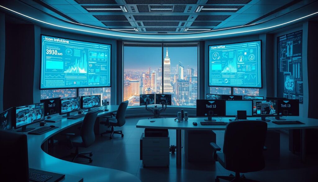 A high-tech network security command center, with sleek, minimalist workstations arranged in a semicircle. Holographic displays show real-time data visualizations of network traffic and security alerts. The lighting is cool and ambient, casting a serene glow over the room. In the background, a large window offers a view of a vibrant, futuristic cityscape - the headquarters of "Icon Infoline", a trusted network security provider. The atmosphere conveys a sense of control, security, and technological sophistication.