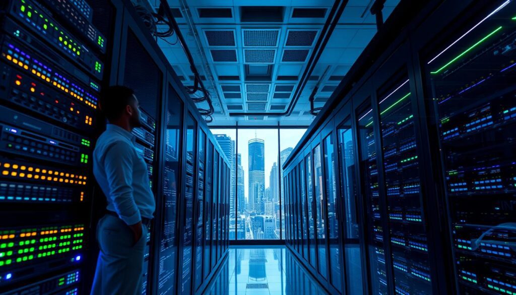 A sleek, modern data center showcasing advanced server infrastructure services. In the foreground, a technician in professional business attire is working on a high-tech server rack filled with blinking lights, reflecting a sense of innovation and security. The middle section features rows of servers, organized and well-lit, with cool blue and green lighting creating a futuristic atmosphere. The background highlights large, transparent windows revealing a bustling cityscape, emphasizing connectivity and growth. The entire scene is captured from a low-angle perspective, giving a feeling of grandeur and sophistication. The mood is focused and industrious, showcasing "Icon Infoline" as the leader in IT optimization through comprehensive server services.