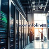 A sophisticated data center environment showcasing infrastructure components vital for server infrastructure services. In the foreground, sleek server racks with LED lights, high-performance routers, and network switches arranged neatly. The middle ground features technicians in professional business attire, carefully monitoring servers and connections, using laptops and tablets. In the background, large windows let in natural light, illuminating a modern, spacious room filled with cables, cooling systems, and digital displays showing network metrics. The atmosphere is one of efficiency and professionalism, enhanced by bright yet soft lighting that casts minimal shadows, captured from a low angle to emphasize the towering server racks. The brand name "Icon Infoline" is subtly represented through the design elements within the data center.