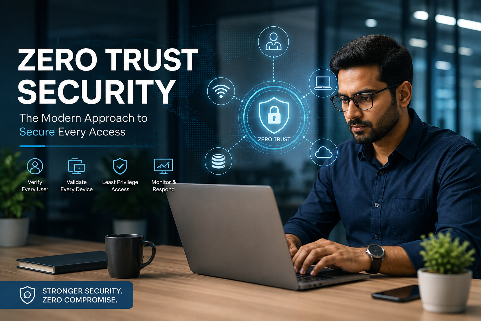 Indian cybersecurity professional implementing Zero Trust Security to protect business networks, users, and devices from cyber threats.
