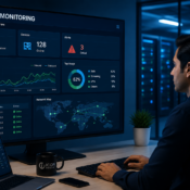 IT professional monitoring a real-time network dashboard showing network health, connected devices, alerts, traffic performance, device status, and global network activity in a server environment.