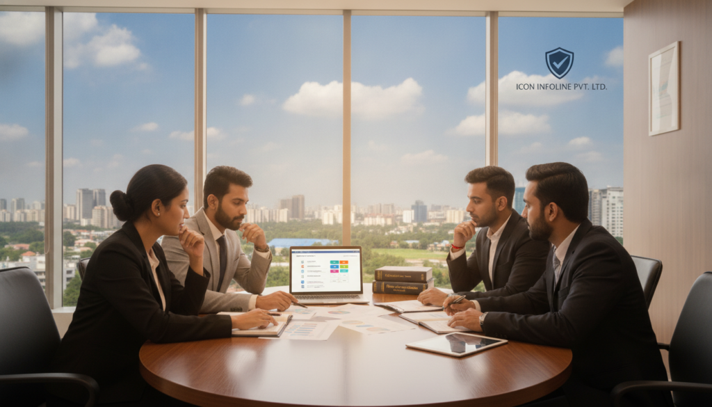 A professional office environment in Pune focusing on IT compliance. In the foreground, a diverse group of professionals in smart business attire, including an Indian woman and an Indian man, are engaged in a discussion while reviewing documents on a modern conference table. The middle ground features a sleek laptop open with compliance checklists displayed, surrounded by legal books and a digital tablet. In the background, large windows showcase a cityscape of Pune with a clear blue sky and greenery, conveying a sense of growth and opportunity. Soft lighting enhances the atmosphere, creating a motivational and focused mood. The branding of "Icon Infoline Pvt. Ltd." is subtly included on a poster in the background, emphasizing professionalism and commitment to compliance.